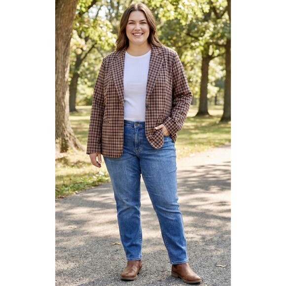 Torrid 1 Neutral Plaid Checkered Blazer Soft Flannel Preppy Academia Old Money - Picture 2 of 12